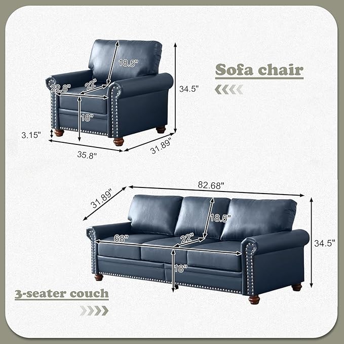 Antetek 3-Piece Comfy Upholstered Faux Leather Sofa Couch Set Mid-Century Modern Single Sofa Chair(2 Units) + 3 Seater Couch(1 Unit) with Storage Space for Living Room Furniture Set Navy Blue