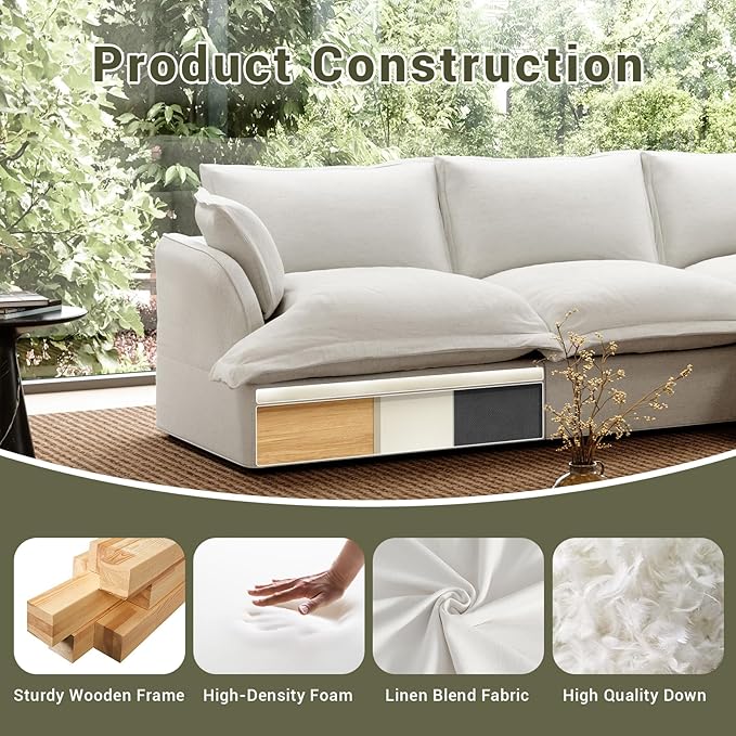 Linen Blend Cloud Couch Sectional for Living Room Comfy Down Filled Cloud Modular Sectional Sofa Modern Convertible Deep Seat Modular Couch Sleeper Sofa Bed Removable &amp Washable Covers