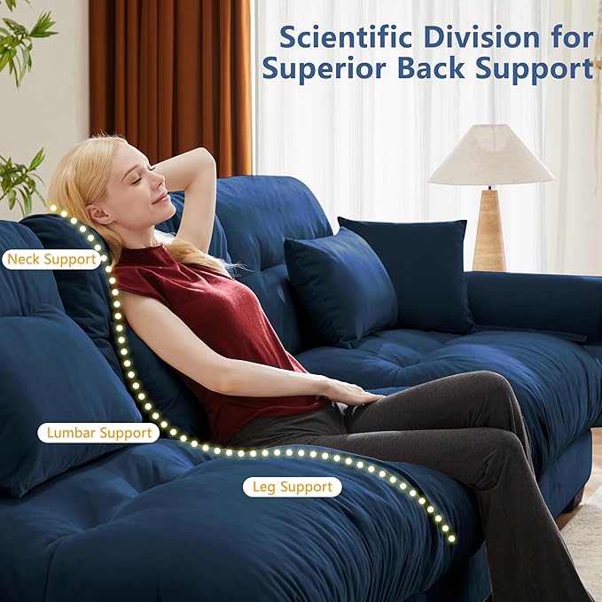 Oversized 3 Seater Modular Sectional Sofa Large Sectional Couch for Living Room Velvet Cloud Couch with 5 Pillows Deep Seat Sofa Blue