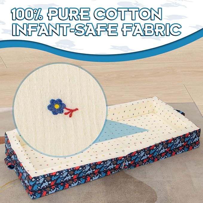 100% Cotton Lining Portable Foldable Toddler Travel Bed - Soft Foam Floor Bed with Washable Cover Safe and Comfortable Toddler Crib Ocean Blue