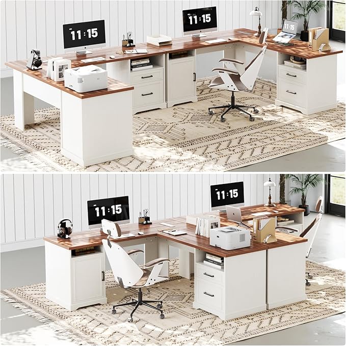 Unikito Farmhouse L Shaped Executive Desk with File Drawers 60 Corner Computer Desk with Power Outlets Large 2 Person Home Office Table with Storage Cabinet Sturdy Writing Desk White and Brown
