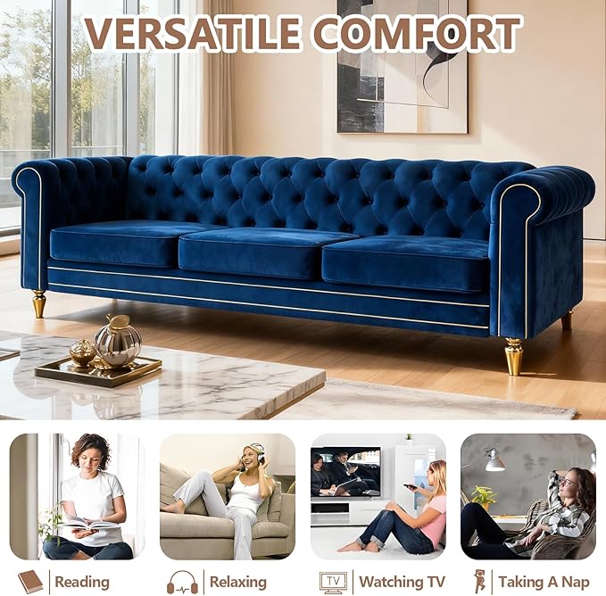 84 Velvet Sofa with Gold Legs Luxury Tufted Couch for Living Room Chesterfield Sofa with Thick Cushion Wide Armrest High-Density Foam Gold Strip Trim (Blue)