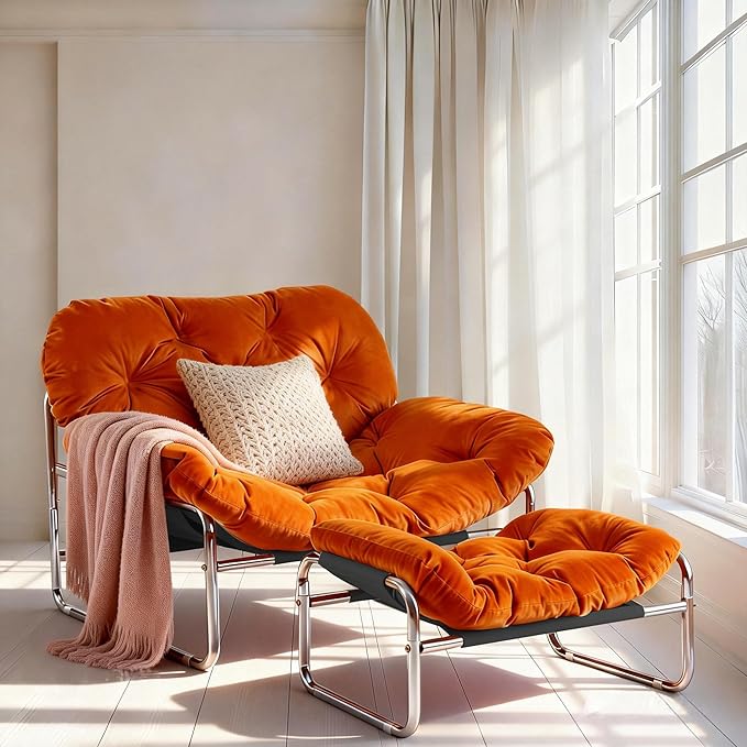 YOXIFOC Modern Style Recliner Armchair with Footrest Multifunctional Leisure Chair with Thickened Cushion and Phone Holder Suitable for Bedroom/Living Room Reading Chair/Garden/Patio (Orange)