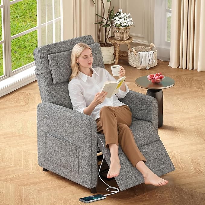 PeakPursuit Power Recliner Chair with Electric Adjustable Back USB Port &amp Side Pockets Single Overstuffed Recliner Chair for Living Room Bedroom or Home Theater Grey