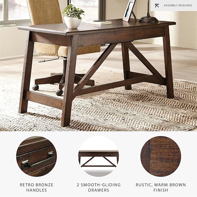Signature Design by Ashley Baldridge Home Office Desk Rustic Industrial Desk With Drawers Wood Construction Smooth-Gliding Storage for Workspaces Ideal Office Desk for Home Offices Brown