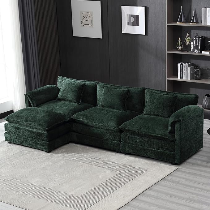 kevinplus 112'' Sectional Sofa Couch with Convertible Ottoman for Living Room Modern Contemporary 3-Seat L-Shape Sofa Couch for Apartment Home Office Thick Cushion &amp Boucle Fabric Green