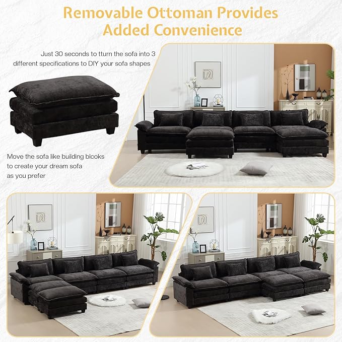Modular Sectional Sofa Cloud Couch with Ottoman Deep Seat L Shaped Chenille Sofa Couches for Living Room Apartment (Black U-Shaped &amp 2 Ottoman)