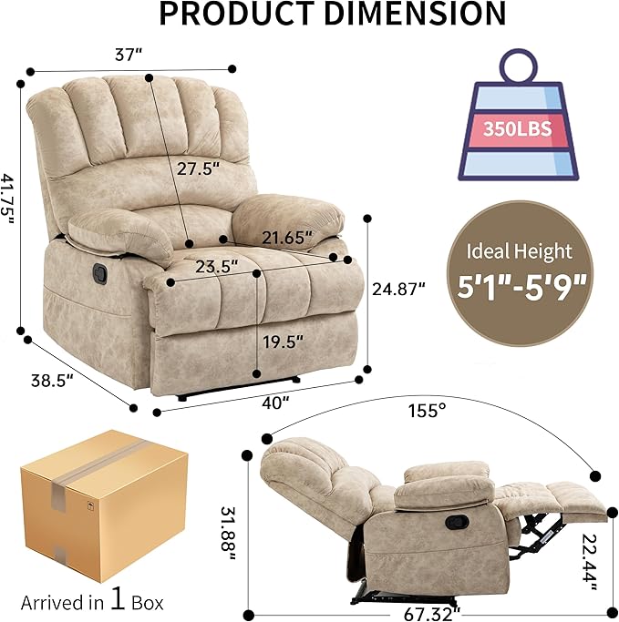 Luxlen Large Manual Recliner ChairSoft Fabric Push Back Recliner with Overstuffed Armrest and Backrest Living Room Single Sofa ReclinersBeige