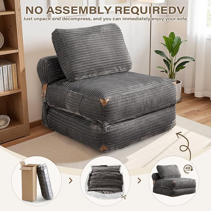 75'' Foldable Sofa BedConvertible Folding Sleeper Chair BedGrey Foldable Single Sofa Foam Filling Couch with Pillow Comfy Corduroy Lazy Floor Sofa for Small Room Bedroom Apartment