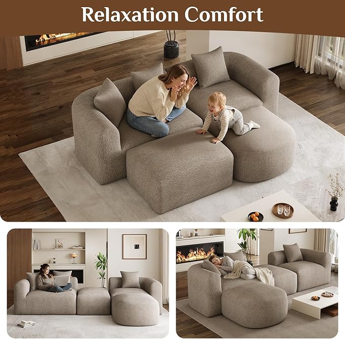 120 Curved Sectional Sofa Brown Cloud Couch Boneless Modular Sectional Couch for Living Room Oversized L Shaped Curved Couches Comfy Modern Sofa Plush Chenille with Ottoman Brown