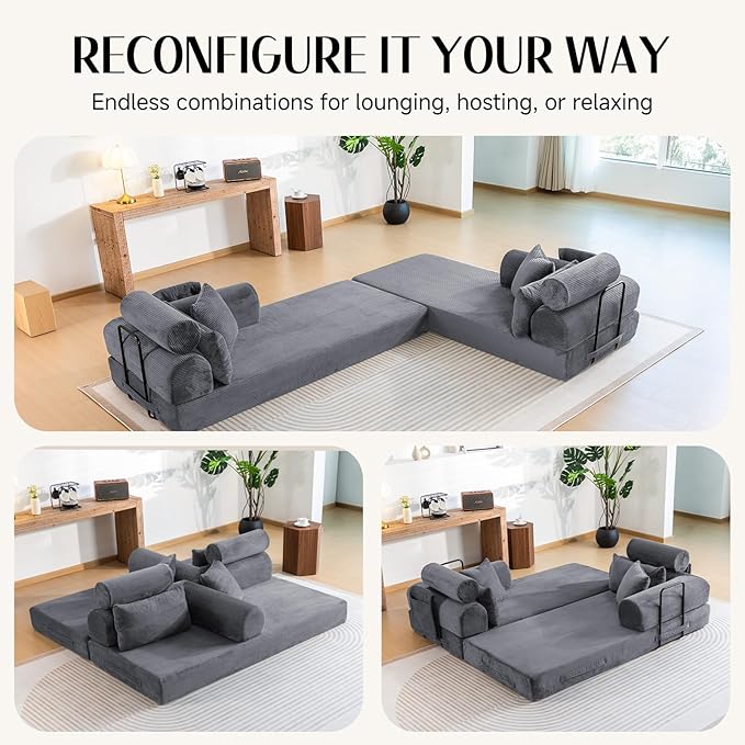79 Corduroy Sofa Bed Sleeper Couch 6-in-1 Convertible Boneless Floor Futon Loveseat High-Density Foam Couch in a Box with 2 Headrest Pillows No Assembly Dark Grey