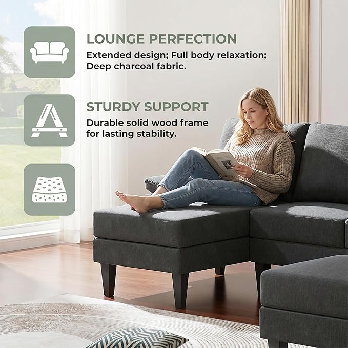 4-Seat U-Shaped Modular Sofa with Double Storage Ottoman - Space-Saving Convertible Lounge Couch for Home &amp Office Black