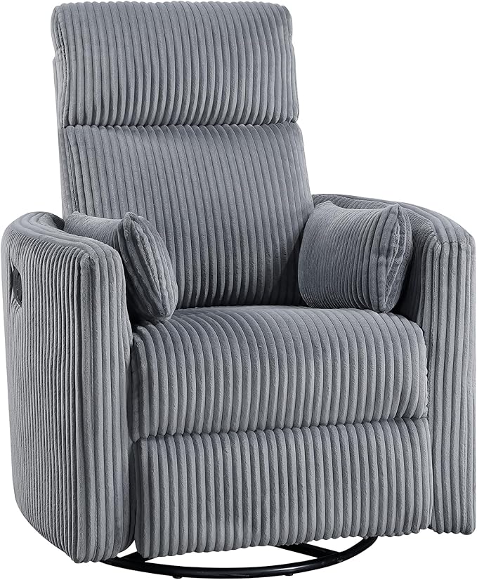 Lexicon Modern Swivel Glider Recliner Chair Nursery Glider Corduroy Fabric Upholstery Recliner with 2 Lumbar Pillows Manual Reclining Sofa Chair for Living Room/Office/Apartment Grey