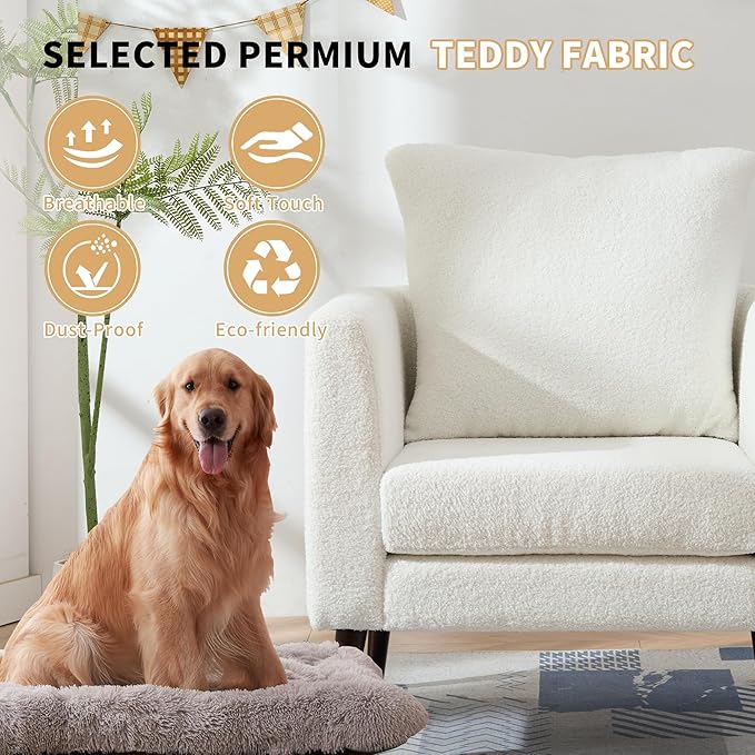 Barrel Accent Chair Set of 2 with Back Pillow Large Teddy Upholstered Armchair with Solid Wood Legs Modern Reading Chairs for Living Room Bedroom