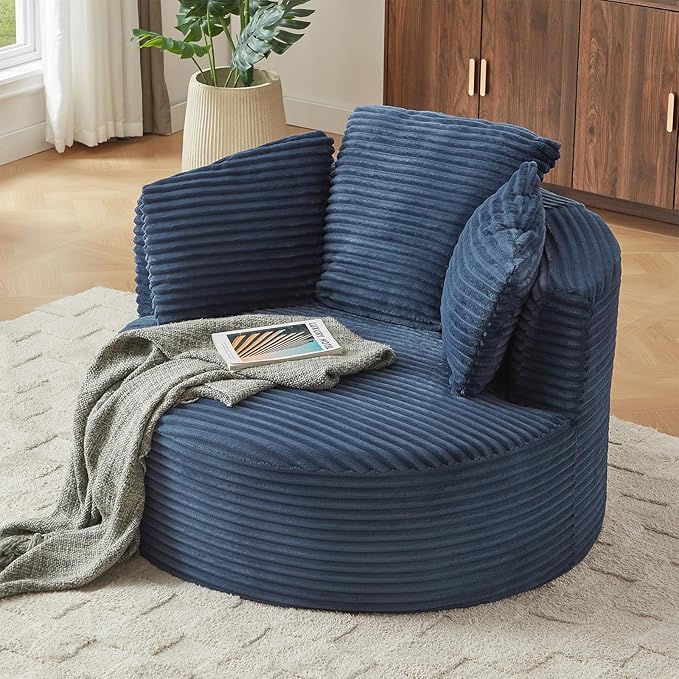 Round Chair Lounge Chaise Indoor 48.8 Oversized Sofa Chair Upholstered Corduroy Deep Seat Sleeper Sofa Bed No Assembly Required for Living Room Bedroom Apartment Blue