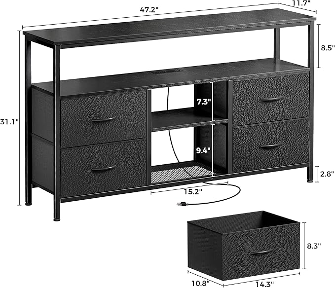 Huuger 47 Inch TV Stand Dresser with Power Outlets and LED Lights Fabric Dresser for Bedroom with Storage 4 Drawers Entertainment Center with Open Shelf Media Console for 55 50 Inch TV Black