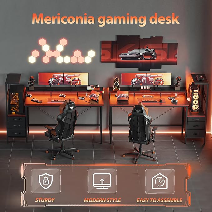 Mericonia Gaming Desk with Power Outlets &amp LED Lights Reversible Computer Desk with PC Case Stand Fabric Drawers Modern Office Desk with Shelves Monitor Stand