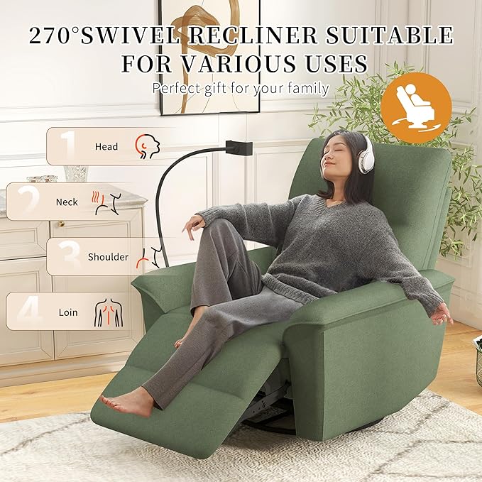 Power Swivel Rocker Recliner Chair for Nursery Upholstered Glider Rocking Chair with Phone HolderUSB Ports Small Recliners for Small Spaces Living Room Bedroom