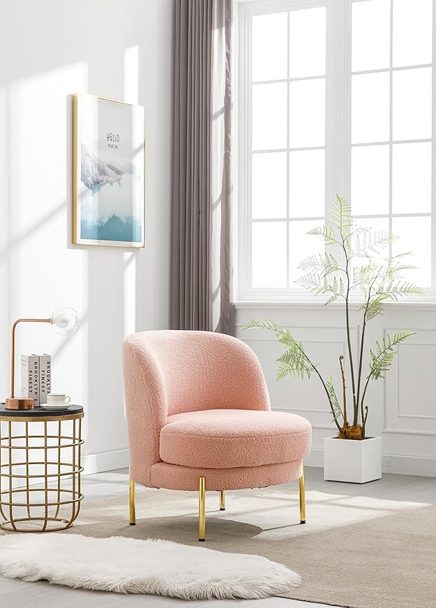 28.4 W Accent Chair Upholstered Curved Backrest Reading Chair Single Sofa Leisure Club Chair with Golden Adjustable Legs for Living Room Bedroom Dorm Room (Pink Boucle)