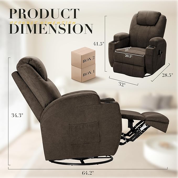 Recliner Chair 360° Swivel Rocker Chair for Adults Rocking Recliner Chair with Massage Comfy Single Sofa with Side Pockets Cup Holders for Living Room Bedroom Nursery (Fabric Brown)