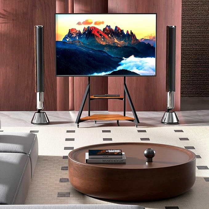 Floor TV Stand for 40-75 Inch TVs Adjustable Heights TV Mount Stands with Large Wood Shelf and Wheels Modern Living Room Rolling TV Stand Up to 180 lbs VESA 600x400mmWalnut(VC-Z1187)