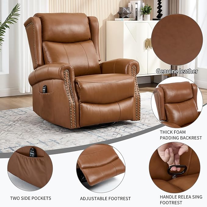 PELUMY Genuine Leather Swivel Rocking Recliner Chair for Adults 360° Swivel Glider Rocker with Heat &amp Vibrating Massage Lounge Chair for Living Room Bedroom Nursery (Earth Yellow)