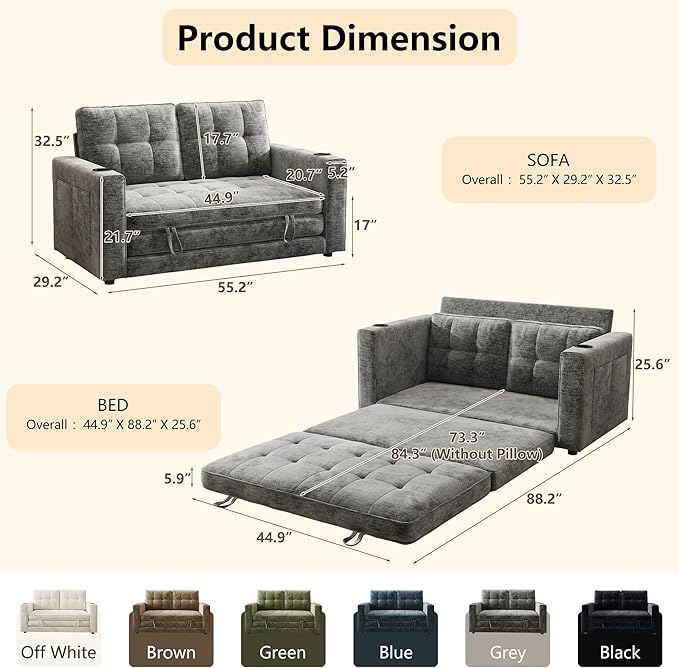WorthFurni Convertible Sofa Bed Folding Sofa Bed 2 in1 Pull Out Loveseat Sleeper Sofa Floor Sofa Bed for Small Spaces Folding Couch Bed with Pillows for Living Room Bedroom - Grey