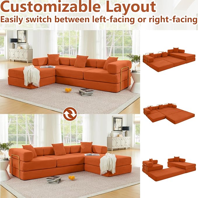 108 Modular Sectional SofaFuton Convertible Sofa BedOversized Corduroy Boneless Couch for Living RoomFloor Loveseat Sleeper with Pull Out BedFree CombinationNo Assembly Required (Orange)
