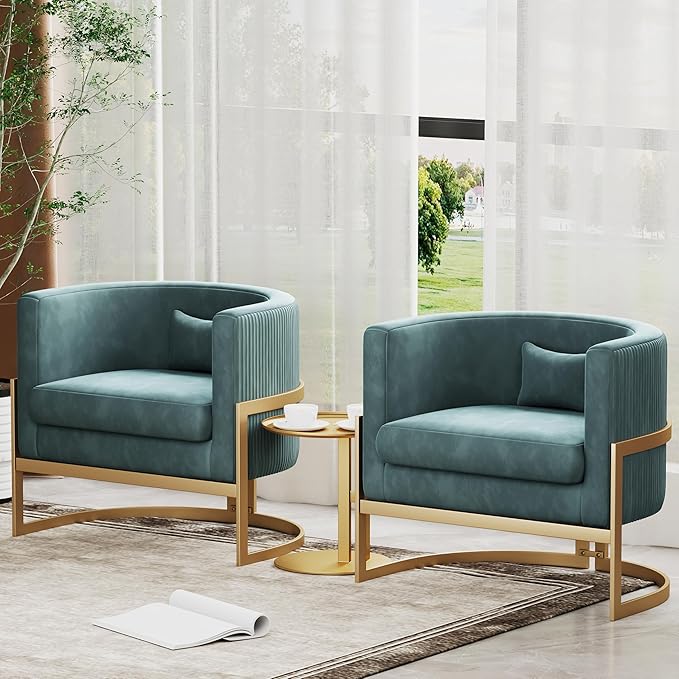 Alunaune Modern Velvet Barrel Accent Chair Upholstered Armchair Mid Century Living Room Chairs Sofa Tub Bucket Club Lounge Side Chair for Bedroom-Lake Blue