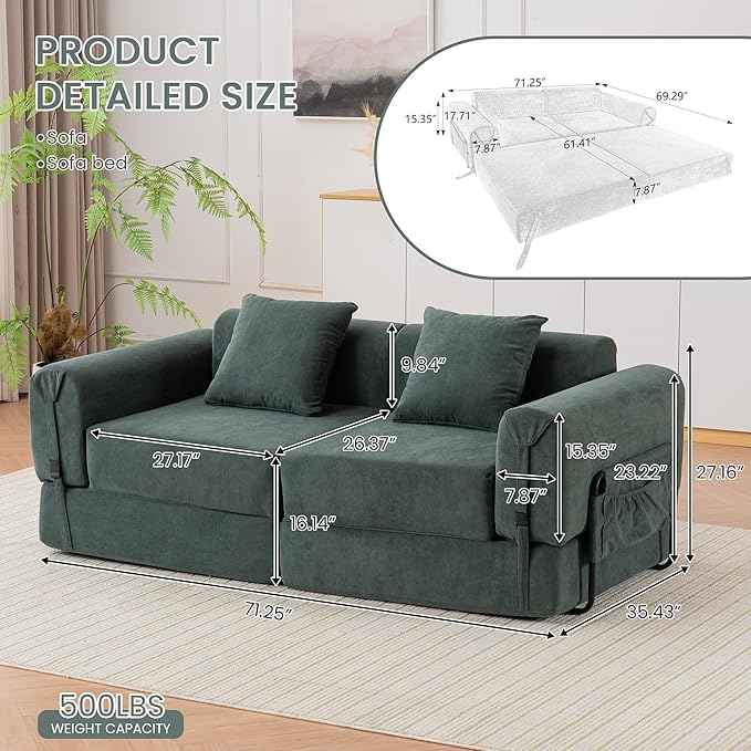 71'' Convertible Sofa Bed with Storage Pocket - Boneless Loveseat with Fixed-Shape Frame - Loveseat Sofa Bed with Pillow Support Folding Couch for Living Room Office Bedroom (Green)