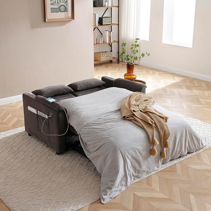 Livavege 55 Convertible Sofa Bed Velvet Pull Out Sleeper Sofa Couch Bed 3-in-1 Futon Loveseat with Adjustable Backrest USB Ports &amp 2 Side Pockets for Small Space Living Room Apartment Bedroo