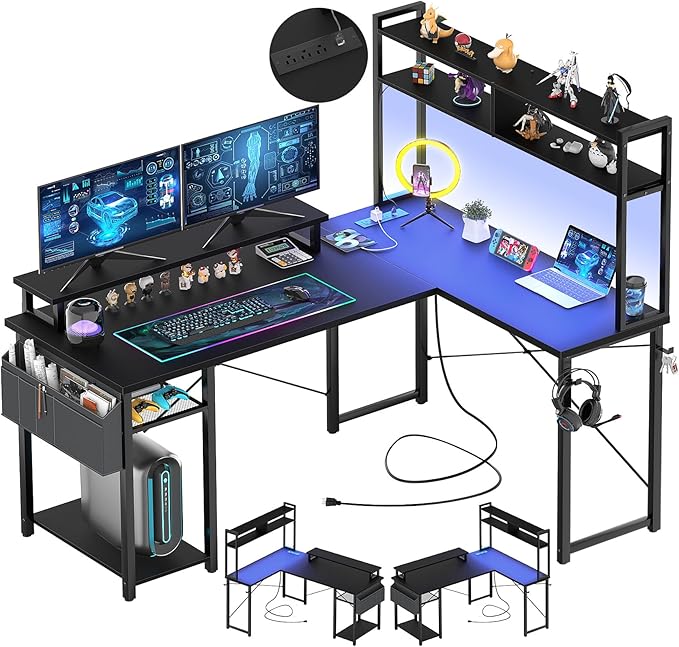 Aheaplus Small L Shaped Gaming Desk with LED Lights &amp Power Outlets Reversible L-Shaped Computer Desk with Monitor Stand &amp Storage Shelf Corner Desks Home Office Desk with Storage Bag Black
