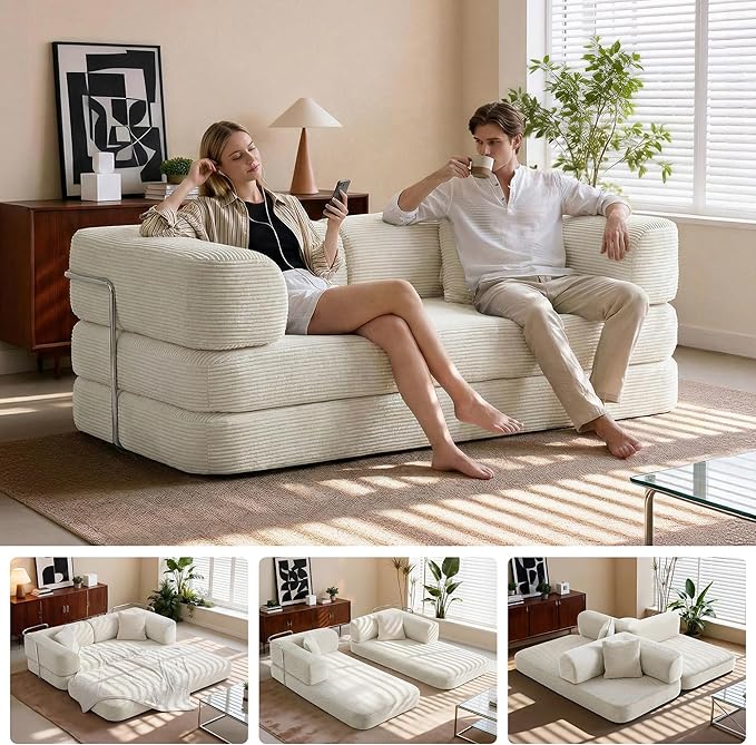 5-in-1 Convertible Sofa Bed Boneless Floor Couch Queen Size with Magic Pillow Blankets Zero-Assembly Sleeper Futon for Apartments Renters &amp Micro-Living Spaces Cream