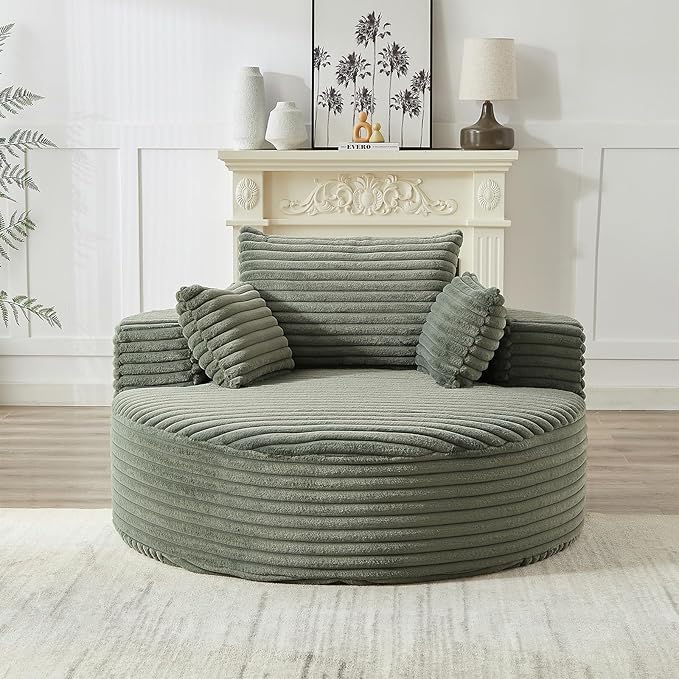55 inch Chaise Lounge Chair Indoor Oversized Round Accent Chair Modern Corduroy Sponge Single Sofa Fluffy Sleeper Chair Deep Seat Comfortable Chair for Living Room Bedroom Apartment Green