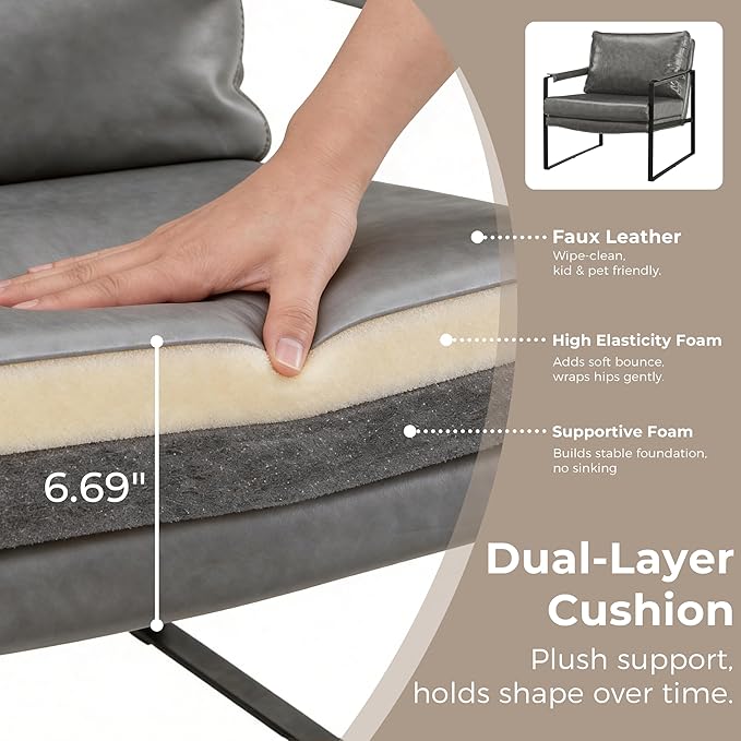 Volans Mid Century Modern Accent Chair with Arms for Living Room Faux Leather Accent Chairs for Lounge Metal Frame Armchair Reading Chair Single Sofa for Bedroom Office Gray