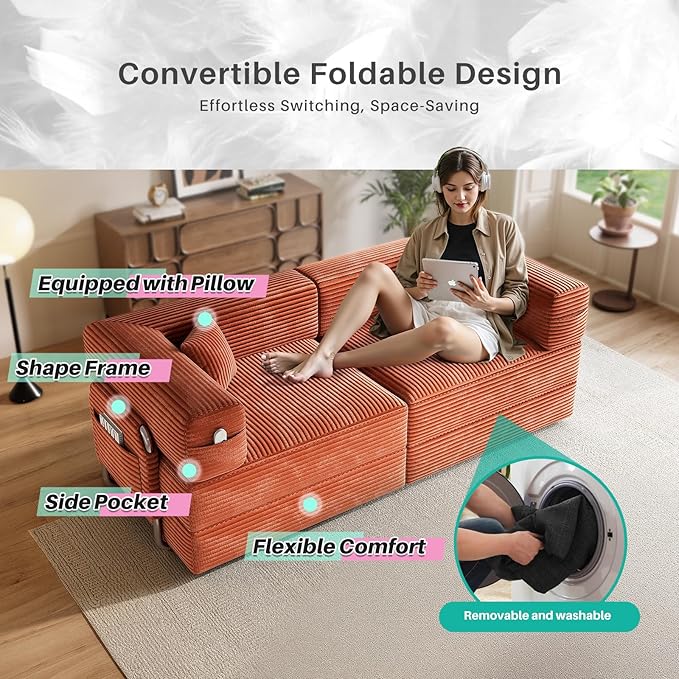 78 Compressed Convertible Sofa Bed Modular Corduroy Loveseat Sleeper with Fixed-Shape Frame Folding Mattress Couch with 2 Pillows for Living Room Bedroom Small Spaces No Assembly Needed Orange