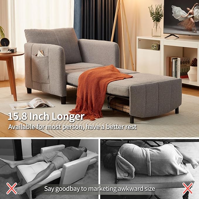 Sleeper Chair 84 Extra Long Convertible Chair Bed Upgraded 3-in-1 to 4-in-1 Pull Out Chair &amp Single Sofa Bed for Adult Sleeping Chair for Living Room Small Space (Light Grey)