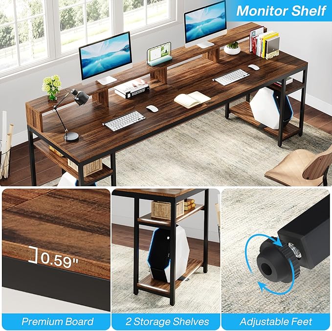 Tribesigns Two Person Desk with Monitor Stand 78.74 Long Double Computer Office Desk with Storage Shelves Large Gaming Study Writing Table Workstation for Home Office (Rustic Brown)