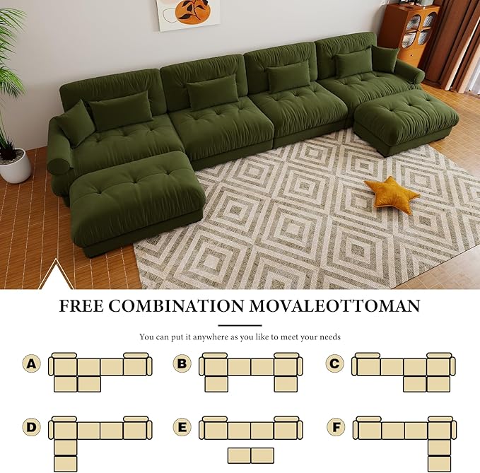 166 Large Sectional Couches for Living Room Cloud Modern Modular Deep Seat Sofa Set Comfy Couches with 2 Ottomans Velvet Fluffy 4 Seater Sofas for Bedroom Apartment U Shaped Olive