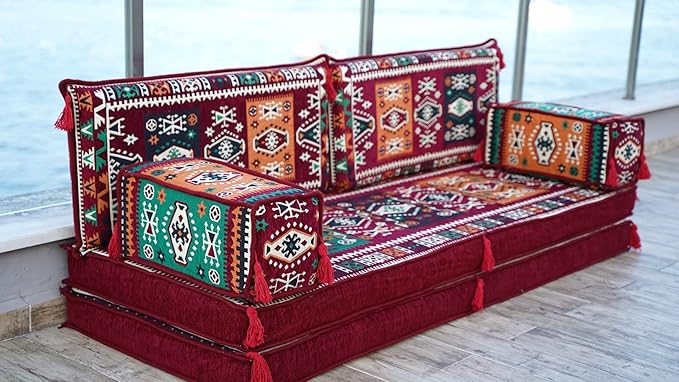 arabicsofa Maroon Arabic Majlis Sofa with Cushions – Modular Loveseat Floor Sofa for Living Room