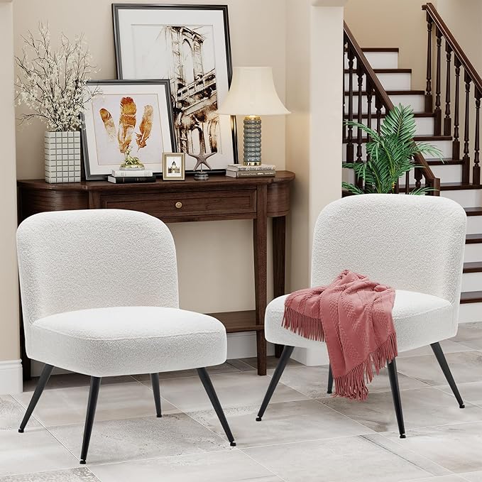 Andeworld Modern Accent Chair Set of 2 Upholstered Sherpa Velvet Living Room Chairs Elegant Armless Cute Small Side Club Chair with Golden Legs for Bedroom-White