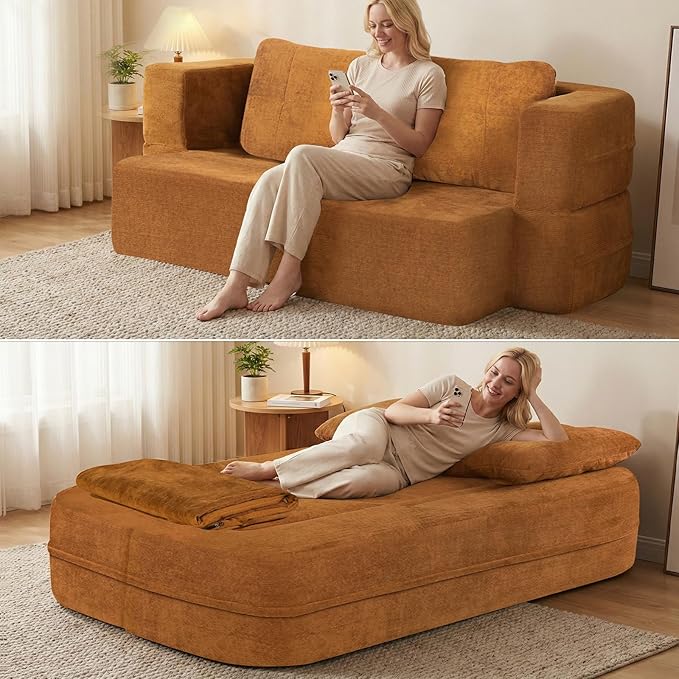 78 Convertible Sofa Bed with Blanket Boneless Cloud Couch Queen Scott Fabric for Living Room Bedroom Modular Loveseat with High-Density Solid Sponge No Assembly Brown