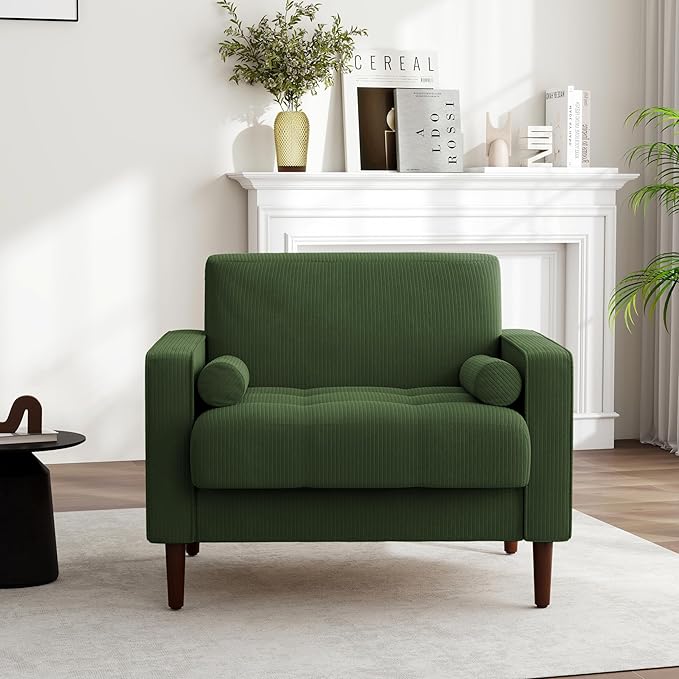 UIXE Accent Chair Corduroy Fabric Upholstered Armchair for Living Room Comfy Arm Chair Single Sofa Bedroom Reading Seat with Solid Wood Legs - Green