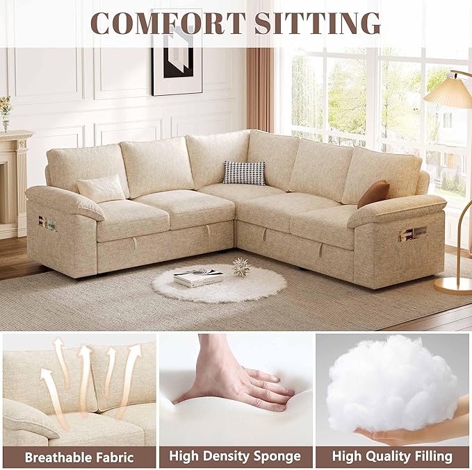 85 Inch Modular Sectional Sofa with Pull Out Bed L Shaped 5 Seat Sectional Sleeper Sofa with Storage Sectional Couches for Living Room Cloud Modular Couch Removable Sofa Cover Beige