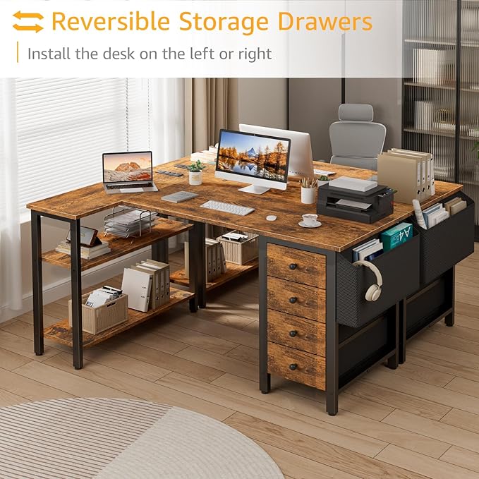DLisiting L Shaped Computer Desk with Drawers - 47 Inch Corner Office Reversible Desk with Storage Shelves Power Outlet Home Office Desks L-Shaped with Fabric Drawer for Teen Girls Rustic Brown