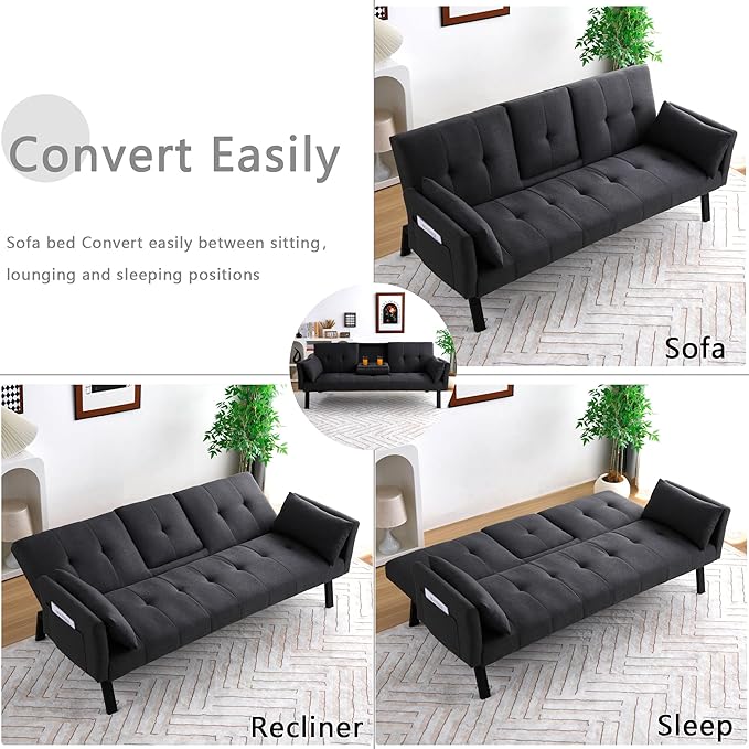 70 Futon Sofa with CupholdersAdjustable Backrest Cotton Linen with Cup Holders and 2 Throw Pillows Sleeper Sofa for Living Room Apartment Small Space (Dark Grey)