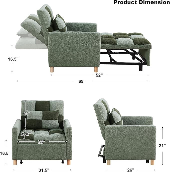 Sleeper Chair Bed Multi-Functional Convertible Chair Sleeper Teddy Fabric Adjustable Single Pull Out Sofa Bed with Lumbar for StudioApartment BedroomLiving Room (Green)