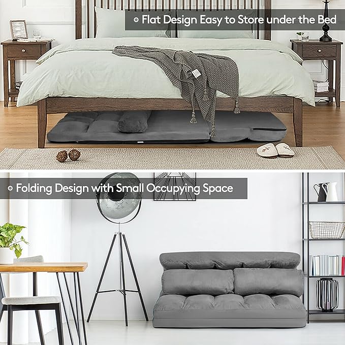DORTALA Foldable Floor Sofa 6-Position Adjustable Lounge Couch with 2 Pillows &amp Suede Cloth Cover Modern Lounge Mattress Video Gaming Lazy Couch Floor Seating Sofa 71 x 44.5 Grey