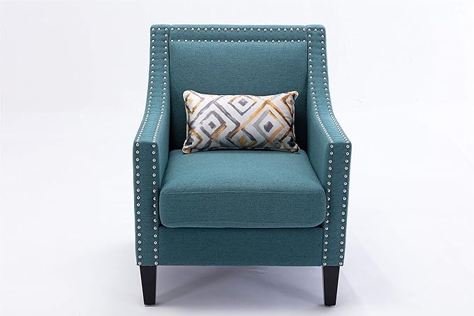 Accent Armchair Living Room Chair with Nailheads and Solid Wood Legs Teal Linen
