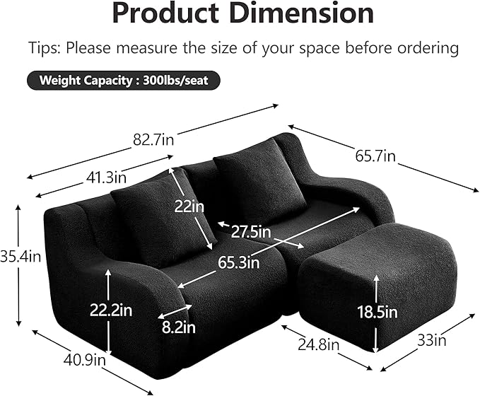Boneless Cloud Couch Modular Sectional Sofa L Shaped Couch Teddy Fabric Loveseat Sofa Deep Seat Sectional Couches for Living Room Modern Small Couches for Small Space No Assembly Black